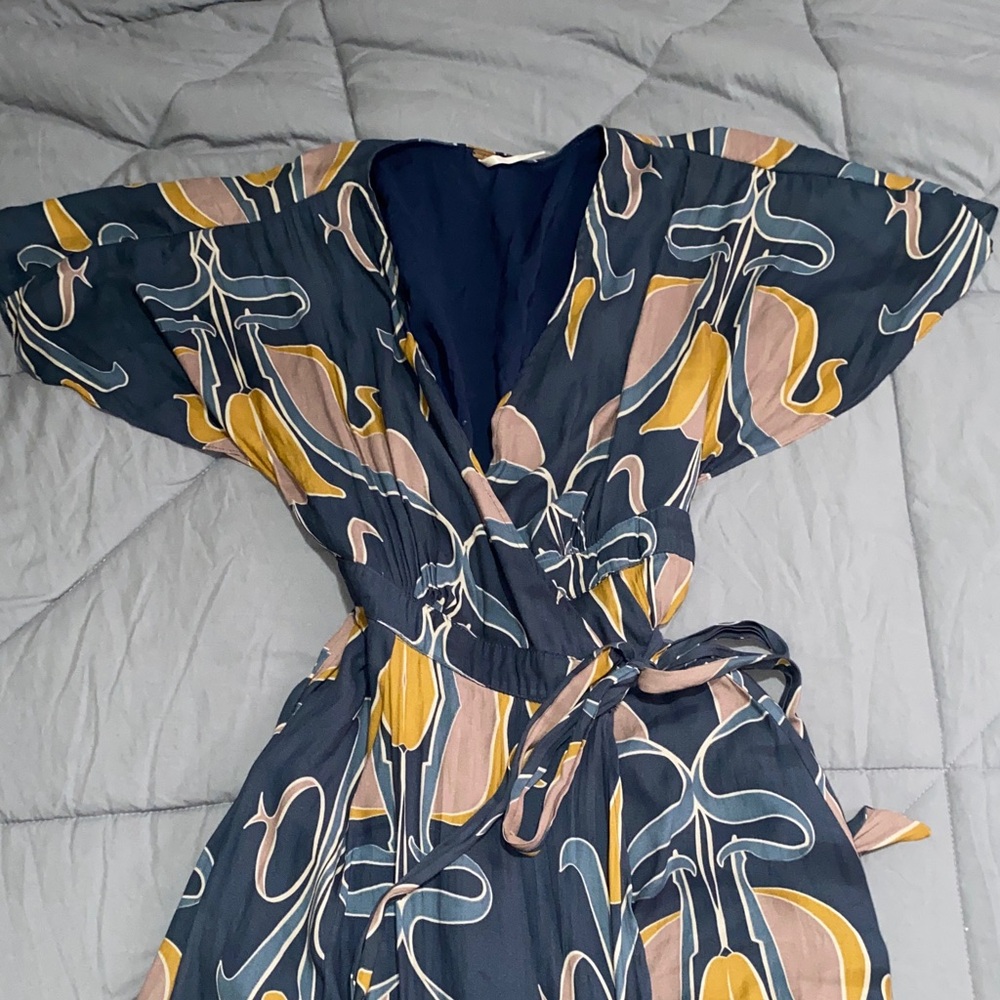 Free People Navy Floral Tie-Waist Maxi Dress with Yellow & Blush Accents